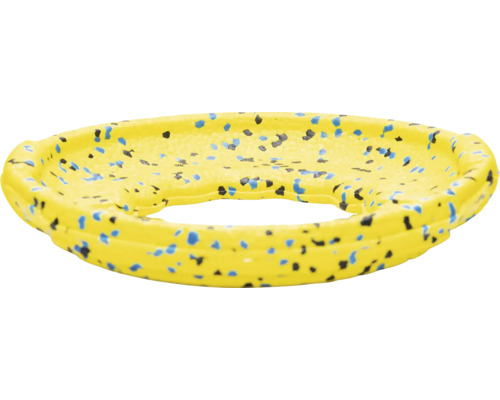 Gelber Toilettensitzverkleinerer mit blauen und schwarzen Punkten.