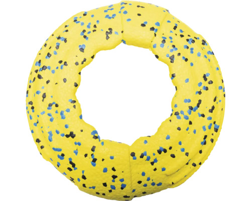 Gelber Hundespielzeugring mit blauen und schwarzen Flecken