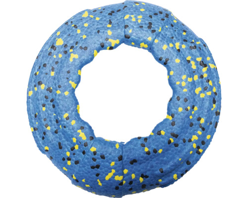 Blauer Hundespielzeugring mit gelben und schwarzen Flecken