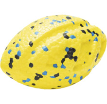 Gelber, ovaler Spielzeugball mit blauen und schwarzen Flecken