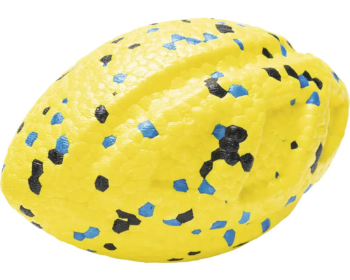 Gelber, ovaler Spielzeugball mit blauen und schwarzen Flecken