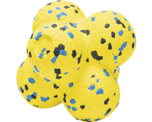 Hundespielzeug in Form einer gelben Kugel mit blauen und schwarzen Flecken
