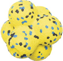 Gelbes Hundespielzeug in Molekülstruktur mit blauen und schwarzen Punkten