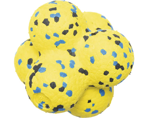 Gelbes Hundespielzeug in Molekülstruktur mit blauen und schwarzen Punkten