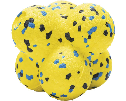 Gelber Hundeball mit blauen und schwarzen Flecken