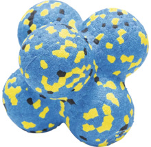 Blauer Hundeball mit gelben und schwarzen Flecken