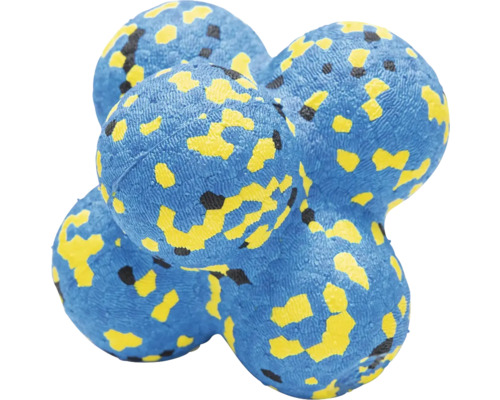 Blauer Hundeball mit gelben und schwarzen Flecken