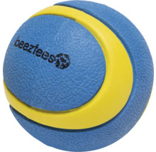 Blauer Hundeball mit gelbem Streifen und Beeztees Logo