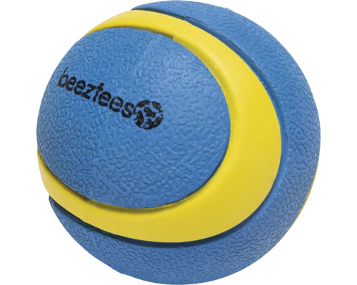 Blauer Hundeball mit gelbem Streifen und Beeztees Logo