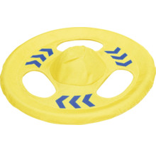 Gelbe Stoff-Frisbeescheibe mit blauen Pfeilen