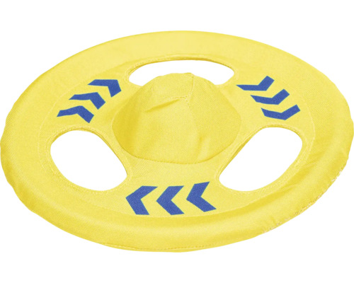 Gelbe Stoff-Frisbeescheibe mit blauen Pfeilen