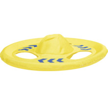 Gelber Stoff Frisbee mit blauen Pfeilen