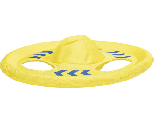 Gelber Stoff Frisbee mit blauen Pfeilen