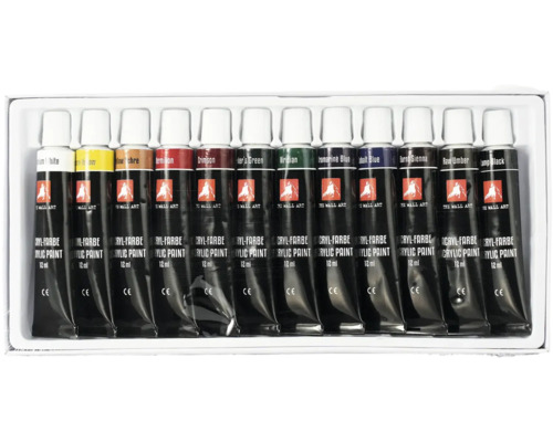 Set mit zwölf Tuben Acrylfarbe