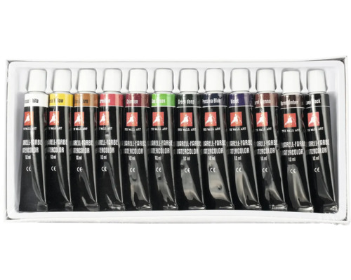 Set de couleurs aquarelles avec différentes nuances dans des tubes individuels.