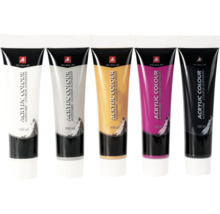 Fünf Tuben Acrylfarbe mit je 100 ml Inhalt