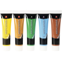 Fünf Tuben Acrylfarbe mit je 100 ml Inhalt