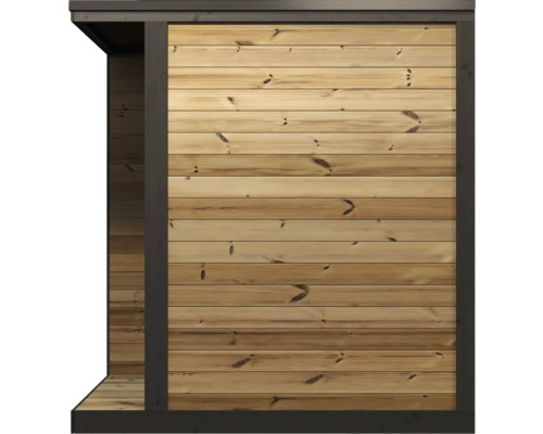 Paroi extérieure en planches de bois clair avec un cadre sombre pour un abri de jardin.