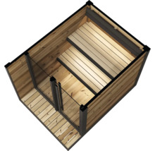 Cabine de sauna en bois avec façade vitrée et deux niveaux de bancs en bois.