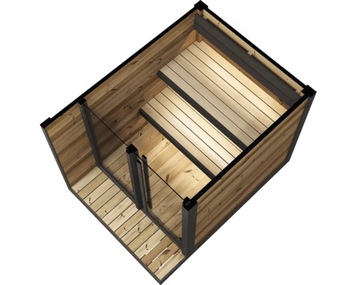 Cabine de sauna en bois avec façade vitrée et deux niveaux de bancs en bois.