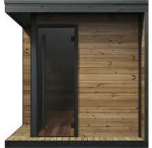 Sauna de jardin moderne en panneaux de bois avec une porte vitrée au cadre noir et un auvent.