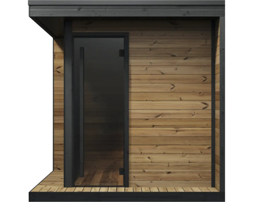 Sauna de jardin moderne en panneaux de bois avec une porte vitrée au cadre noir et un auvent.