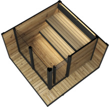 Piscine en bois avec marches intégrées, éléments en verre et éclairage.