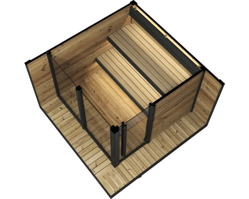 Piscine en bois avec marches intégrées, éléments en verre et éclairage.