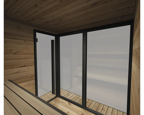 Innenansicht einer modernen Sauna mit heller Holzverkleidung, Holzbänken und einer Glasfront mit schwarzen Rahmen und Tür.