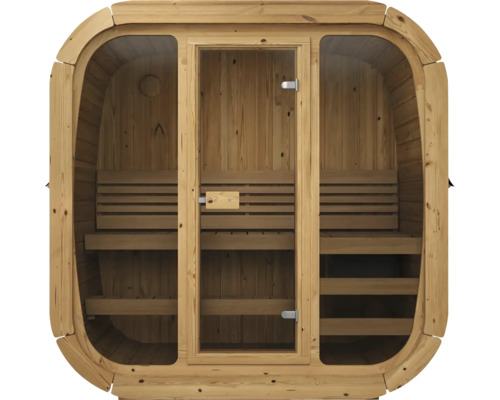 Cabine de sauna en bois avec porte vitrée et deux fenêtres latérales, équipée de bancs en bois sur deux niveaux.