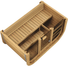 Vue intérieure d'un sauna tonneau en bois avec deux niveaux de bancs et une porte en verre.