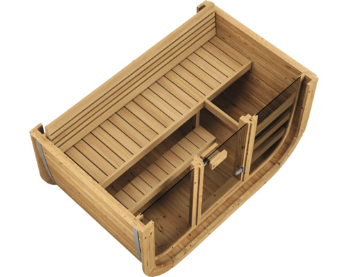 Vue intérieure d'un sauna tonneau en bois avec deux niveaux de bancs et une porte en verre.