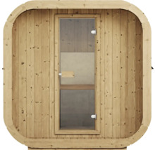 Vue de face d un sauna tonneau en bois clair avec une porte vitrée rectangulaire et des coins arrondis.