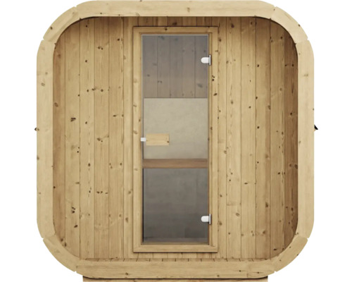 Vue de face d un sauna tonneau en bois clair avec une porte vitrée rectangulaire et des coins arrondis.