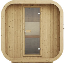 Sauna extérieur en bois clair avec porte vitrée, panneaux de bois verticaux et cadre extérieur arrondi.