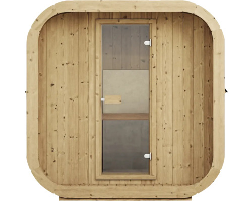 Sauna extérieur en bois clair avec porte vitrée, panneaux de bois verticaux et cadre extérieur arrondi.