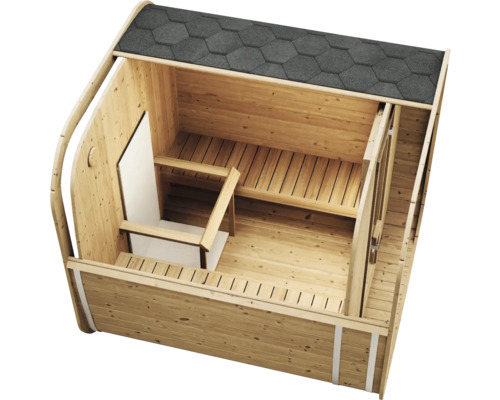 Vue intérieure d un sauna tonneau en bois avec bancs en bois, grille de protection pour poêle et bardeaux de toiture.