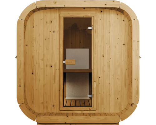 Sauna tonneau carré en bois avec une porte vitrée et une poignée en bois pour le jardin.