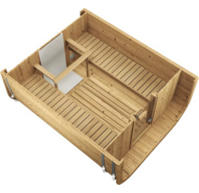 Vue intérieure d un sauna tonneau en bois avec bancs sur deux niveaux et caillebotis au sol vue de dessus.