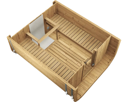 Vue intérieure d un sauna tonneau en bois avec bancs sur deux niveaux et caillebotis au sol vue de dessus.