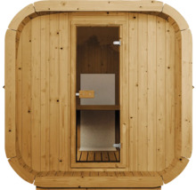 Frontansicht einer quadratischen Fasssauna aus Naturholz mit einer Glastür und Holzgriff.