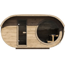 Sauna extérieur ovale en bois avec porte vitrée et grande fenêtre panoramique ronde.