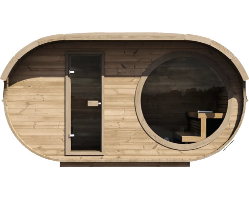 Sauna extérieur ovale en bois avec porte vitrée et grande fenêtre panoramique ronde.