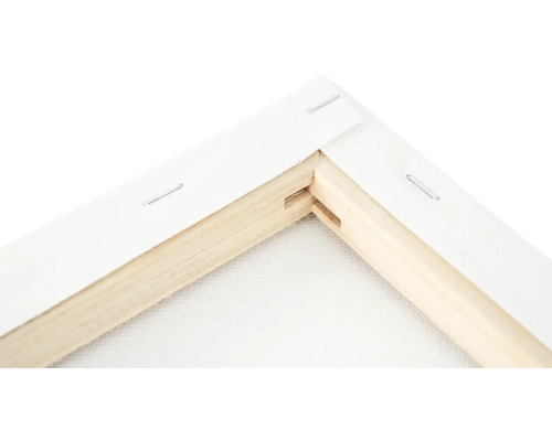 Detailansicht einer Keilrahmen-Ecke mit Leinwand und Holzrahmen