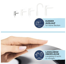 Illustration verschiedener Größen von Wasserhähnen und Hinweise auf einen kurzen Auslauf für kleine Becken sowie eine langlebige, leicht zu reinigende Oberfläche.