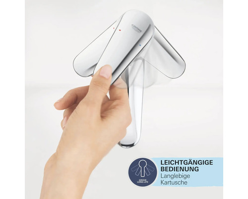 Eine Hand bedient einen verchromten Wasserhahn von Grohe