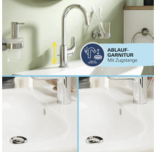 Waschtischarmatur mit Ablaufgarnitur und Zugstange auf einem Waschbecken montiert