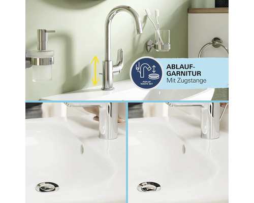 Waschtischarmatur mit Ablaufgarnitur und Zugstange auf einem Waschbecken montiert