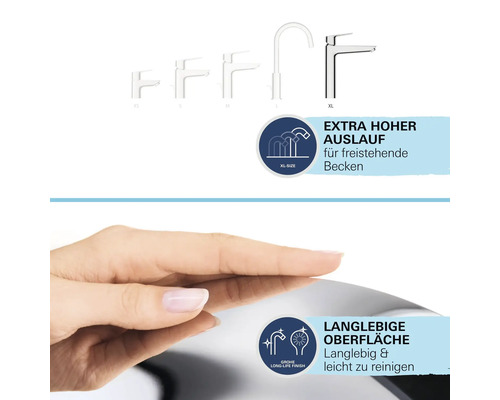 Verschiedene Grössen von Wasserhähnen dargestellt, von XS bis XL. Symbol für extra hohen Auslauf für freistehende Becken. Symbol für langlebige, leicht zu reinigende Oberfläche. Hand auf einer glänzenden Oberfläche.