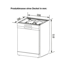 Schéma technique d'un lave-vaisselle avec dimensions (hauteur 815 mm, largeur 598 mm, profondeur 588 mm)